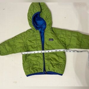 Patagonia Toddlers' Reversible Down Sweater Hoody jacket in blue and green